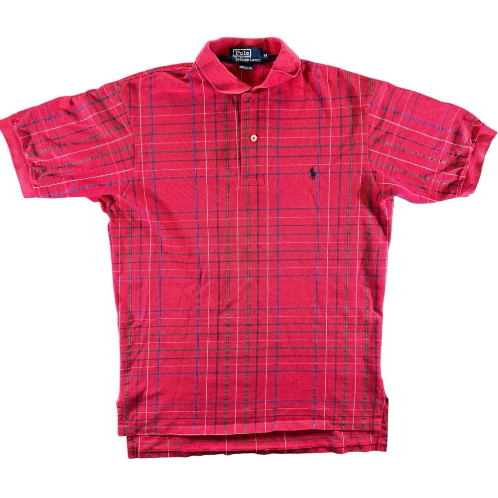 Vintage Polo Ralph Lauren Red Plaid Polo Shirt Mens Medium USA Made Short Sleeve